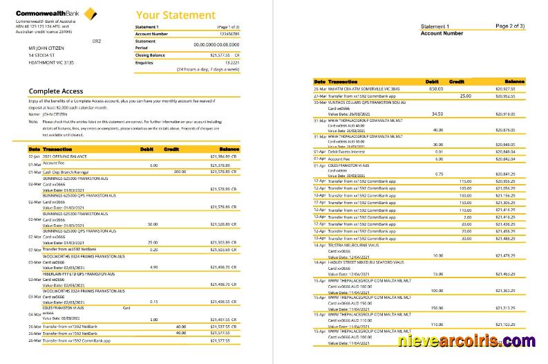 Realistic Australia Commonwealth Bank Statement Template In Excel And PDF Format (3 Pages), Version 2