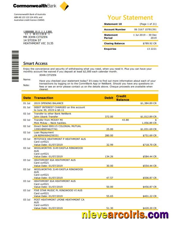 Realistic Australia Commonwealth Bank Statement Template In Word And PDF Format, Good For Address Prove