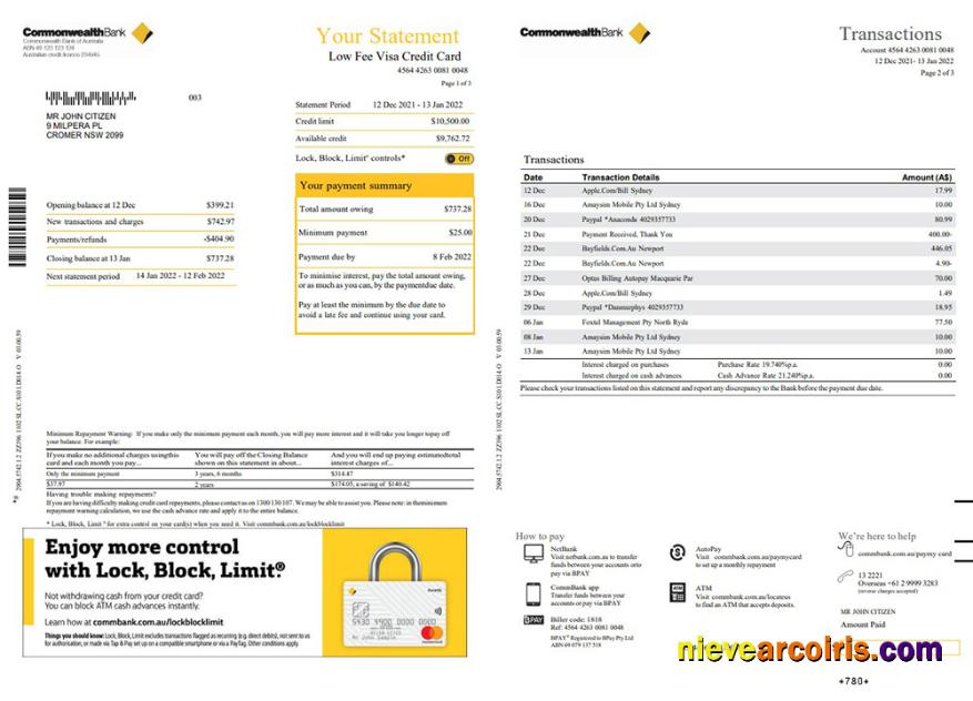 Premium Australia Commonwealth Bank Statement, Word And PDF Template, 3 Pages