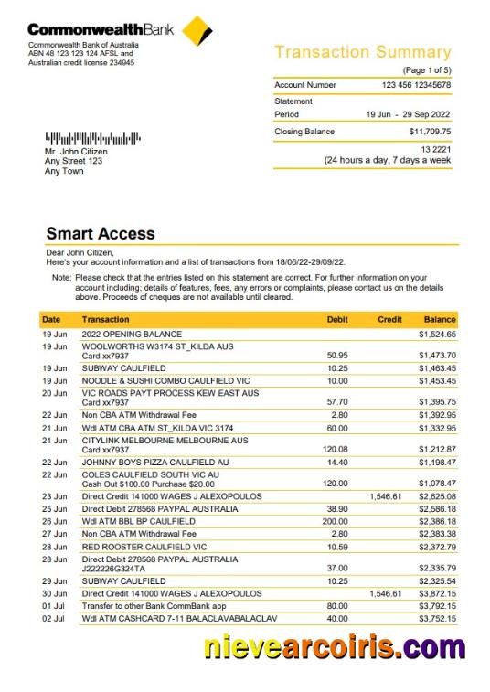Professional Australia Commonwealth Bank Statement, Word And PDF Template, 5 Pages