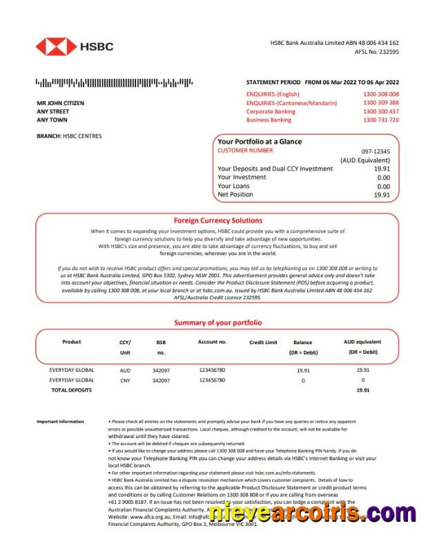Australia HSBC Bank St Version 2 Sample