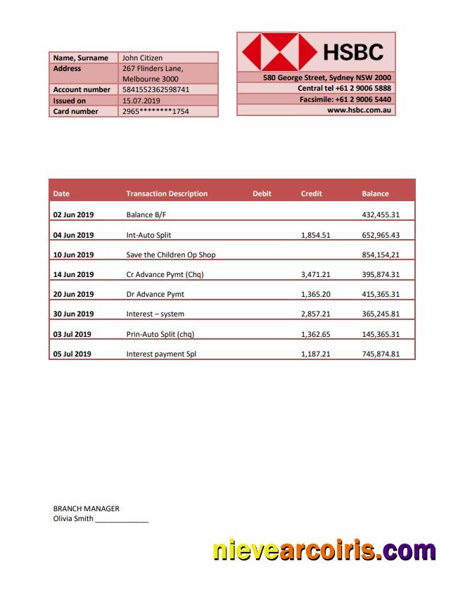 Premium Australia HSBC Bank Statement Template Fully Editable In Word And PDF Format