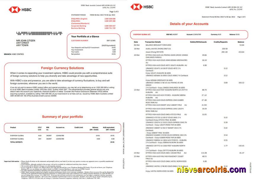 Professional Australia HSBC Bank Statement, Word And PDF Template, 3 Pages
