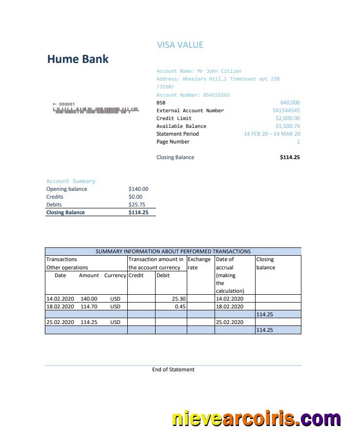 Editable Australia Humebank Bank Statement Easy To Fill Template In Excel And PDF Format
