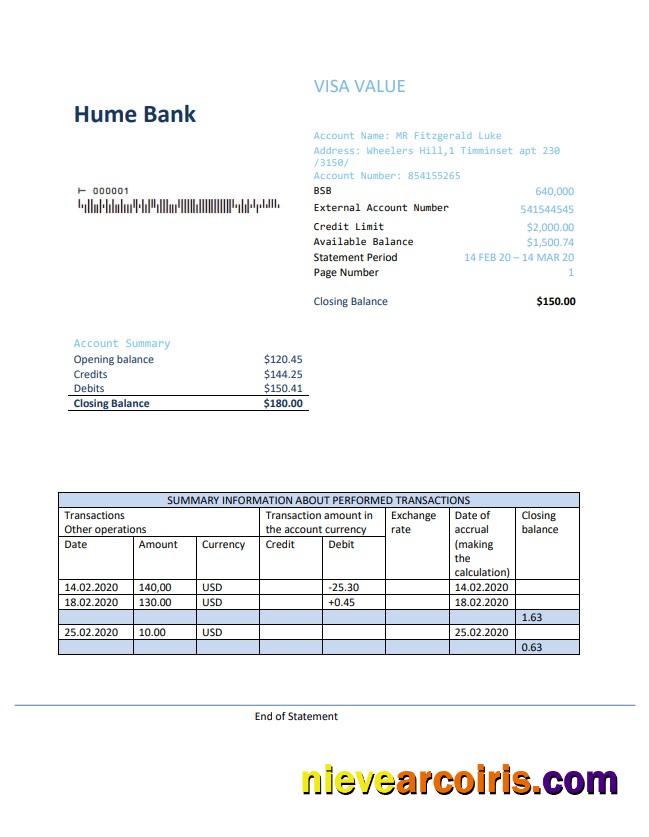 Premium Australia Humebank Proof Of Address Statement Template In .doc And .pdf Format, Fully Editable