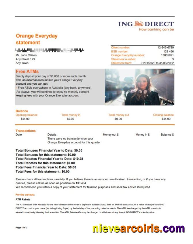 Australia ING Direct Bank Statement 2 Pages Xls Sample