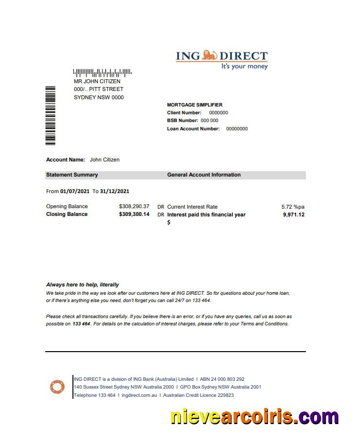 Professional Australia ING Direct Bank Statement Easy To Fill Template In Excel And PDF Format