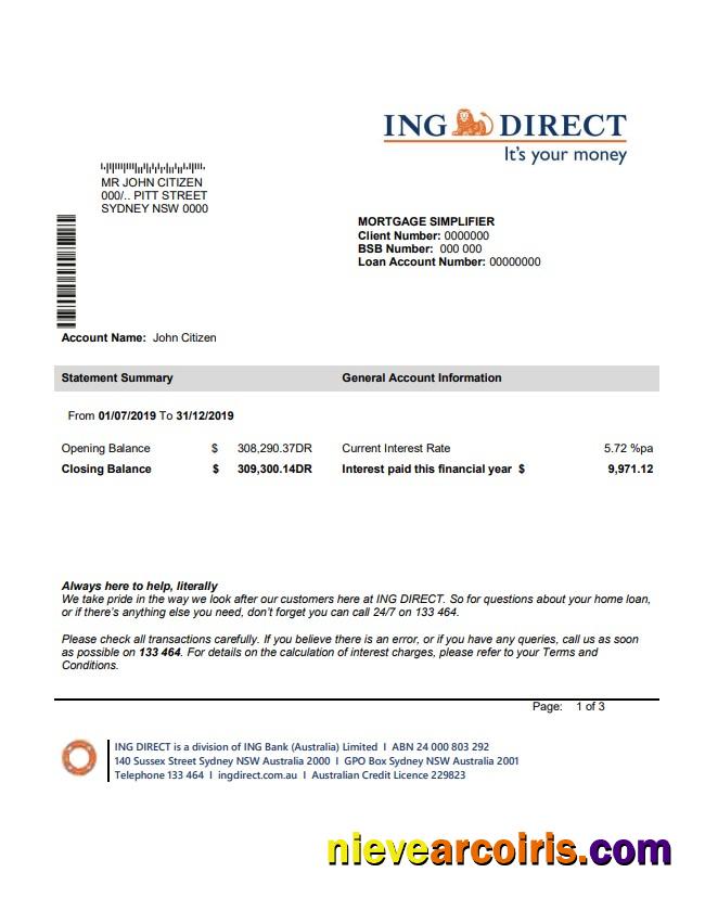 Australia ING Direct Bank Statement Template