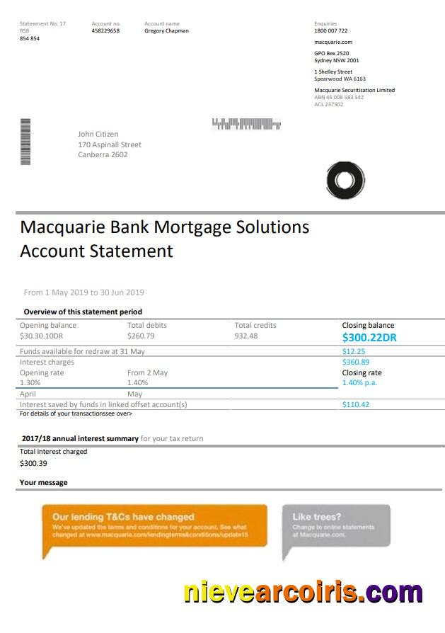 Realistic Australia Macquaire Proof Of Address Bank Statement Template In Word And PDF Format (.doc And .pdf)