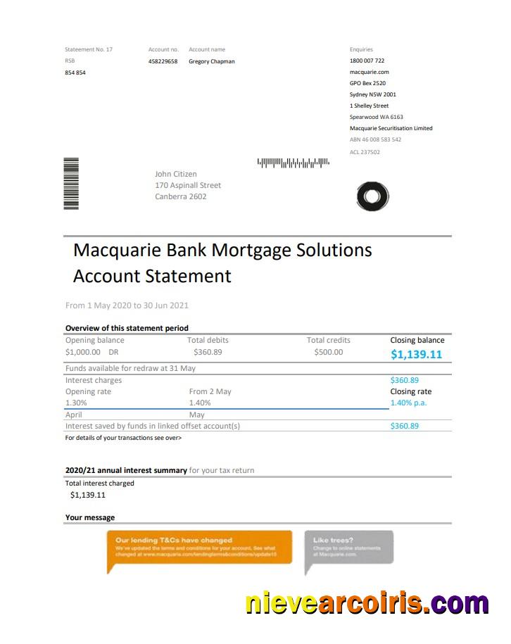 Realistic Australia Macquire Bank Statement Easy To Fill Template In Excel And PDF Format