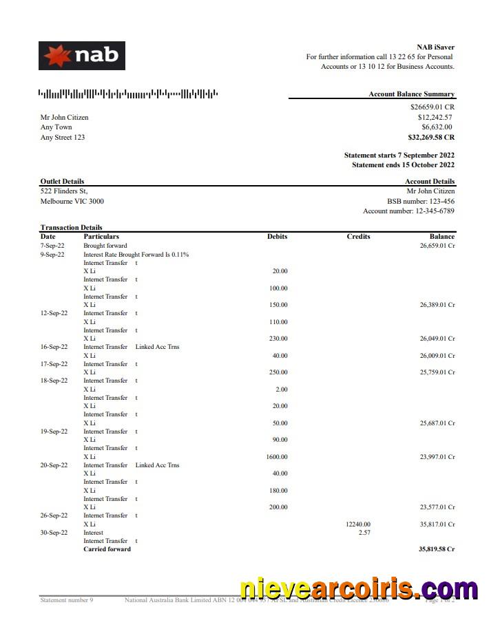 Australia NAB Bank Statement 2 Pages Xls Sample