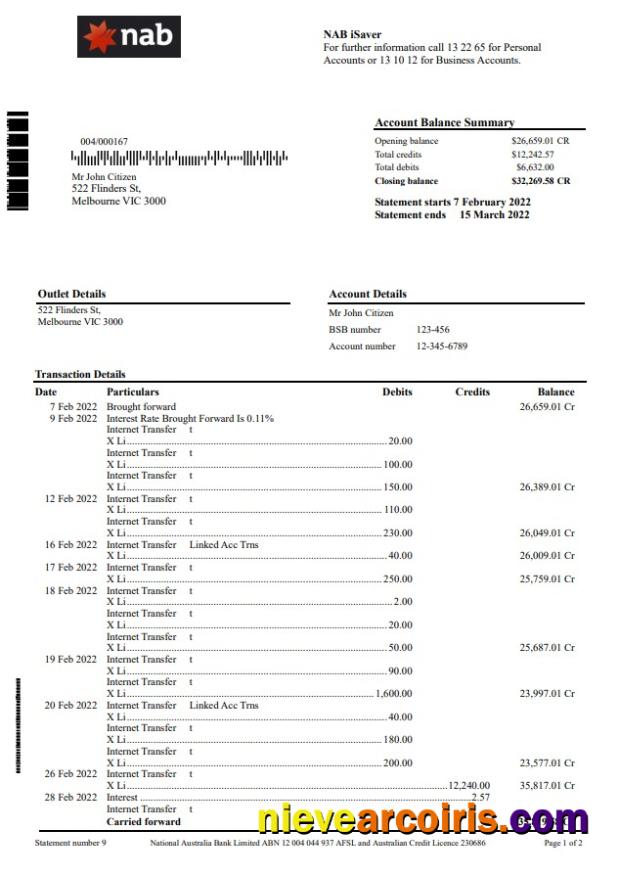 Australia NAB Bank Statement Sample