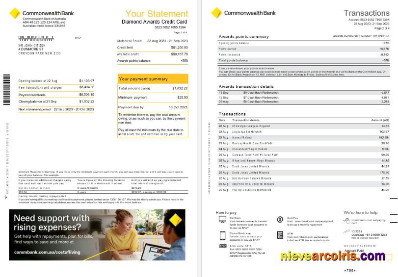 Australia NSW Commonwealth Bank Diamond Awards Credit Card Statement, 4 Pages Scr1 Photolook