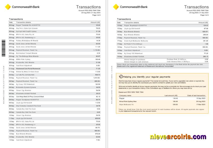 Australia NSW Commonwealth Bank Diamond Awards Credit Card Statement, 4 Pages Scr2 Sample