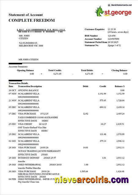 Editable Australia St.George Bank Statement Of Account Word And PDF Template