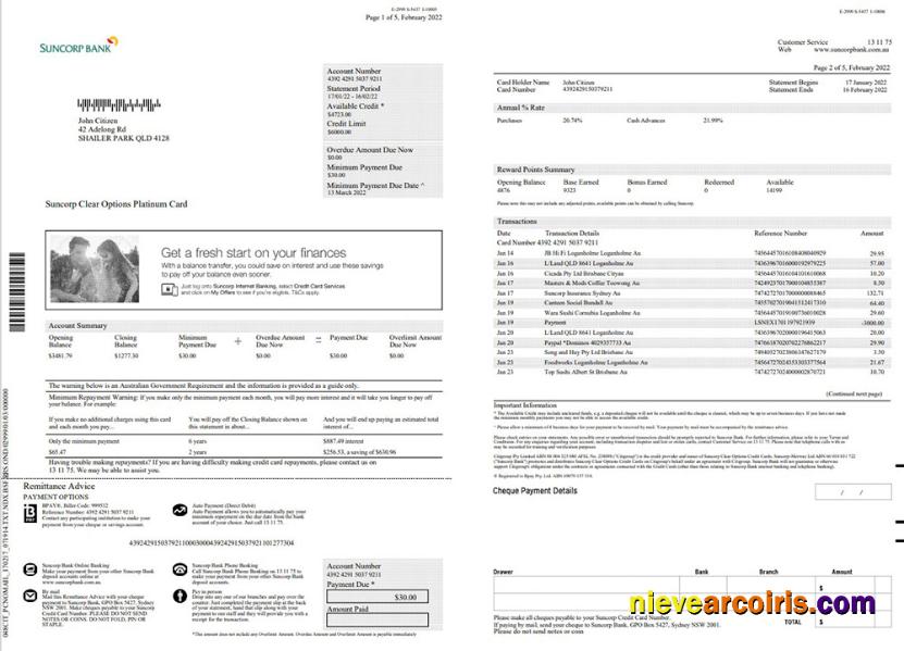 Australia Suncorp Bank Statement 5 Pages Photolook