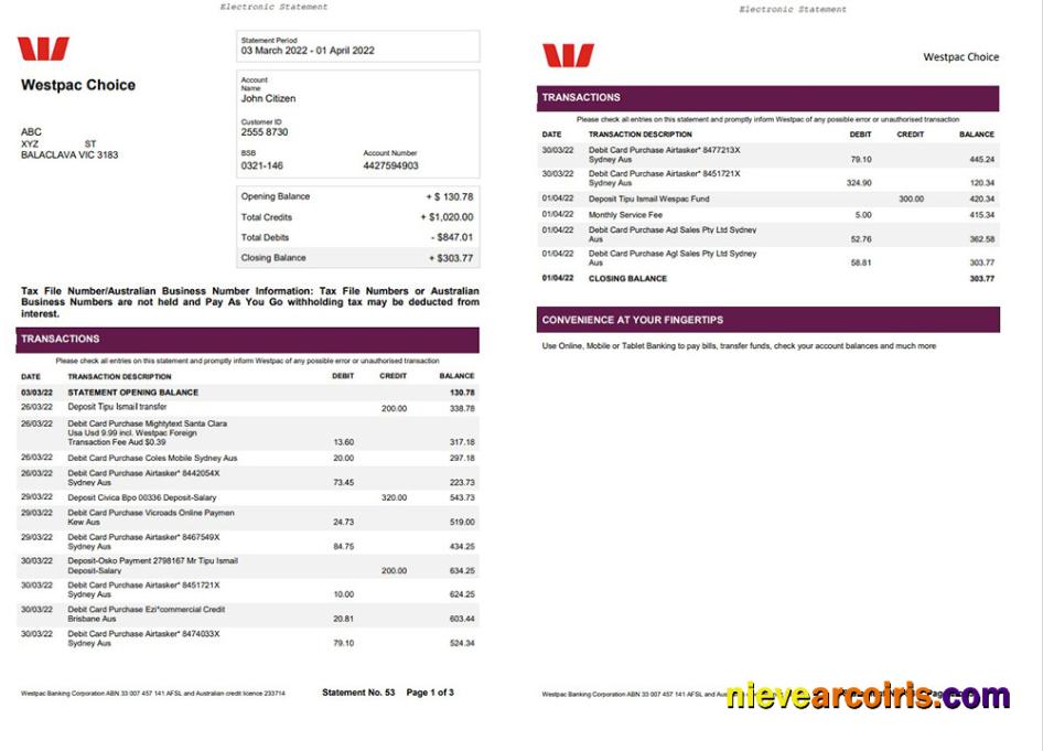 Australia Westpac Bank Statement 3 Pages Photolook