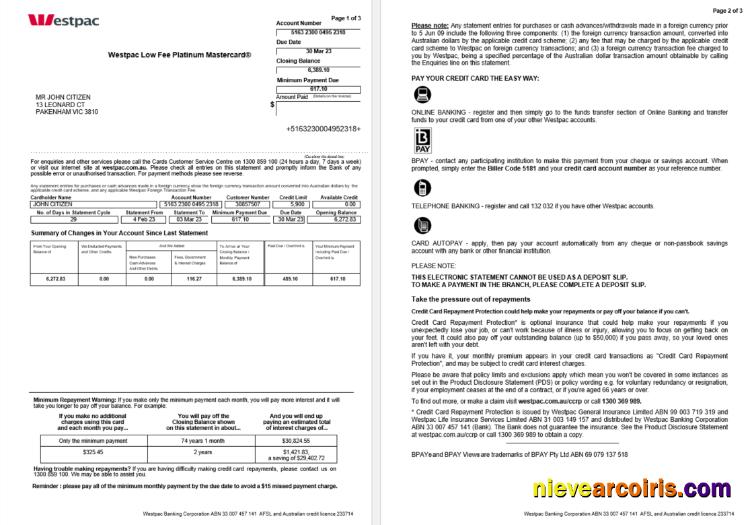 Editable Australia Westpac Bank Statement Word And PDF Template, 3 Pages 1, 2