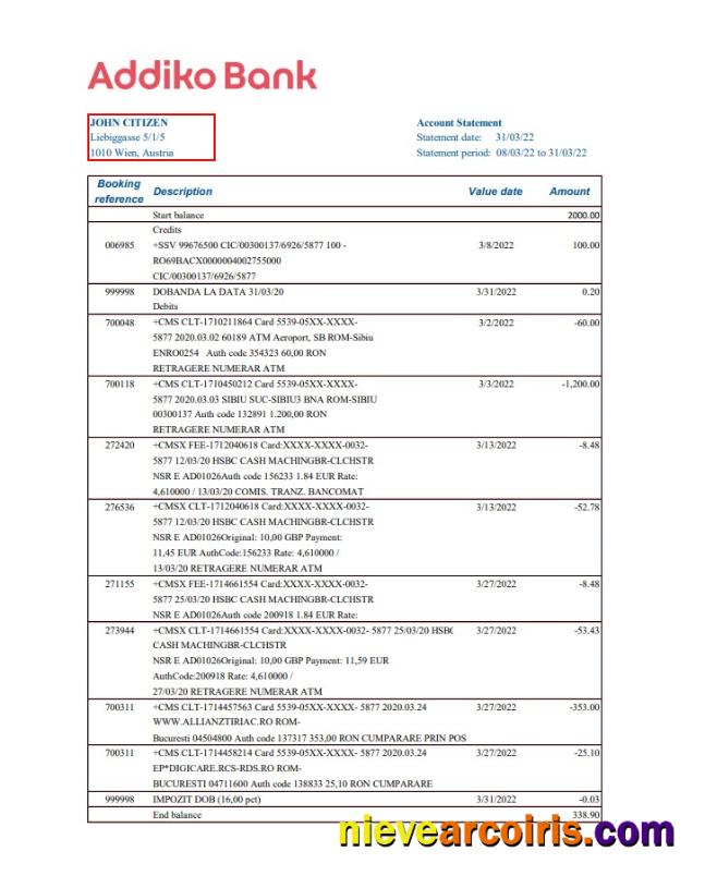 Austria Addiko Bank Bank Statement Photolook