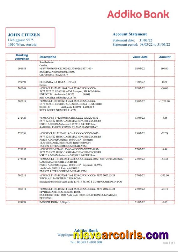 Realistic Austria Addiko Bank Statement Template In Word And PDF Format
