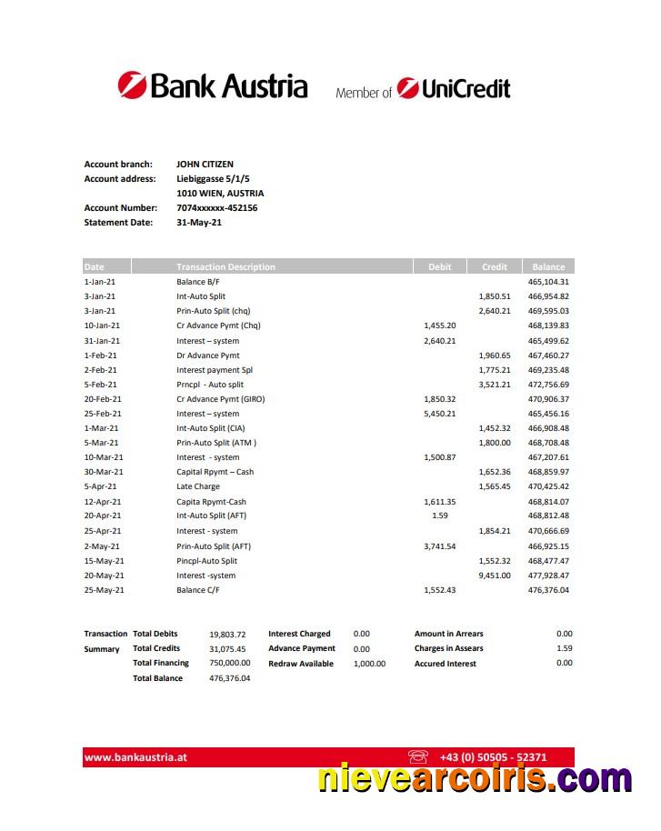 Realistic Austria Bank Austria Bank Statement Easy To Fill Template In Excel And PDF Format