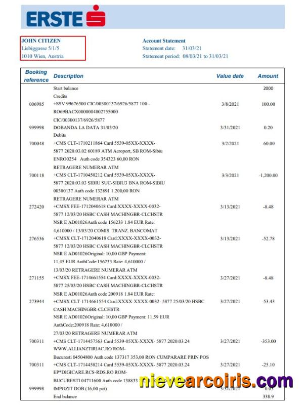 Editable Austria Erste Group Bank Statement Easy To Fill Template In Excel And PDF Format