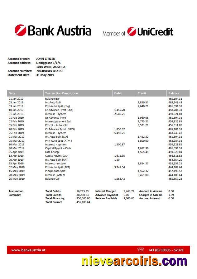 Austria Bank Statement Sample