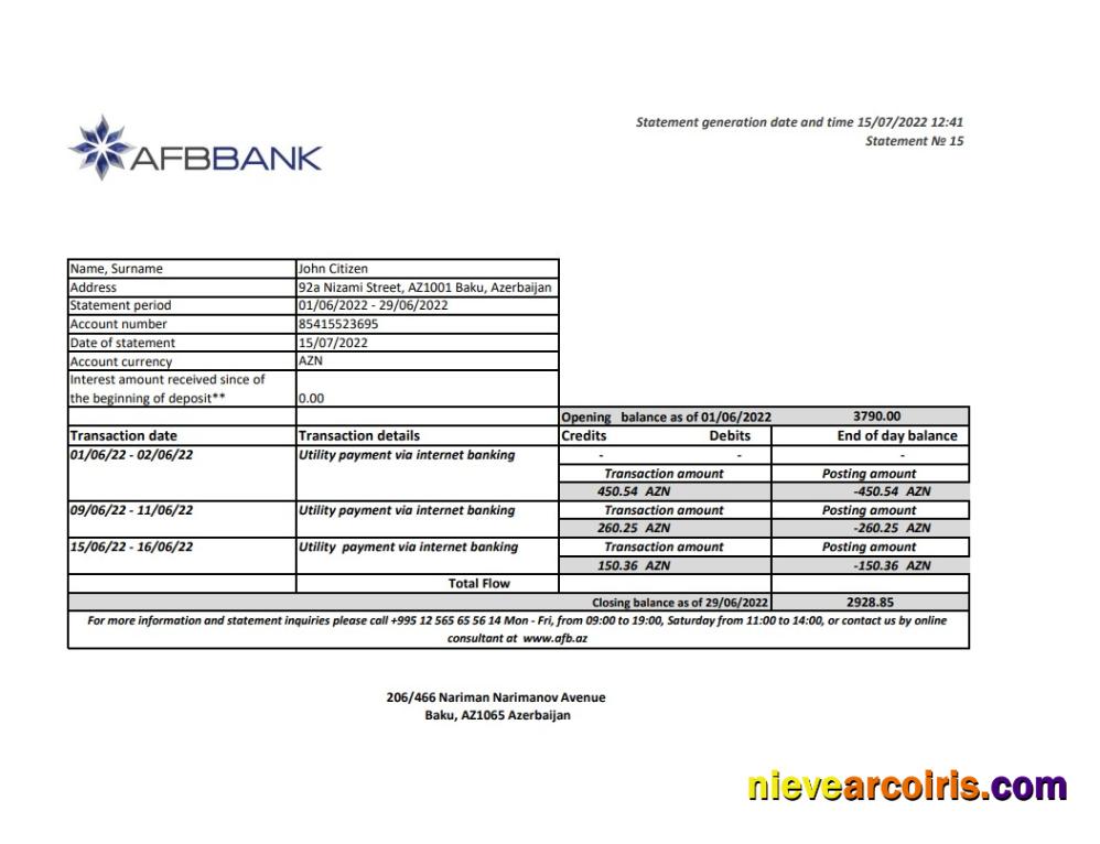 Professional Azerbaijan Afbbank Bank Statement Template In Excel And PDF Format