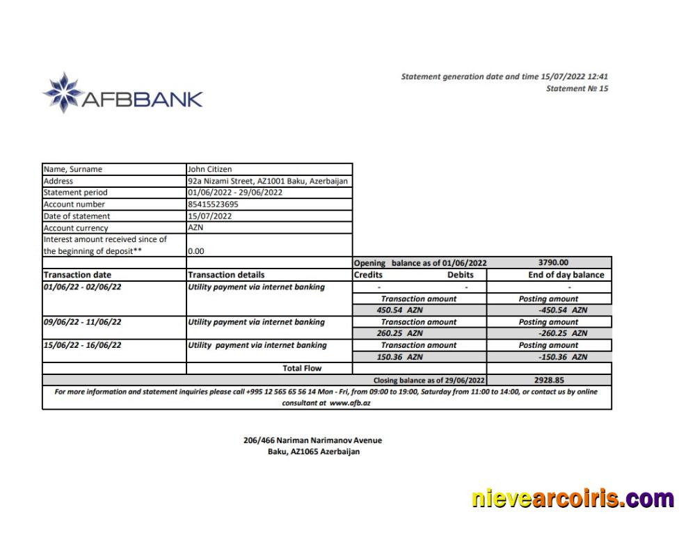 Azerbaijan Afbbank Bank Statement Template