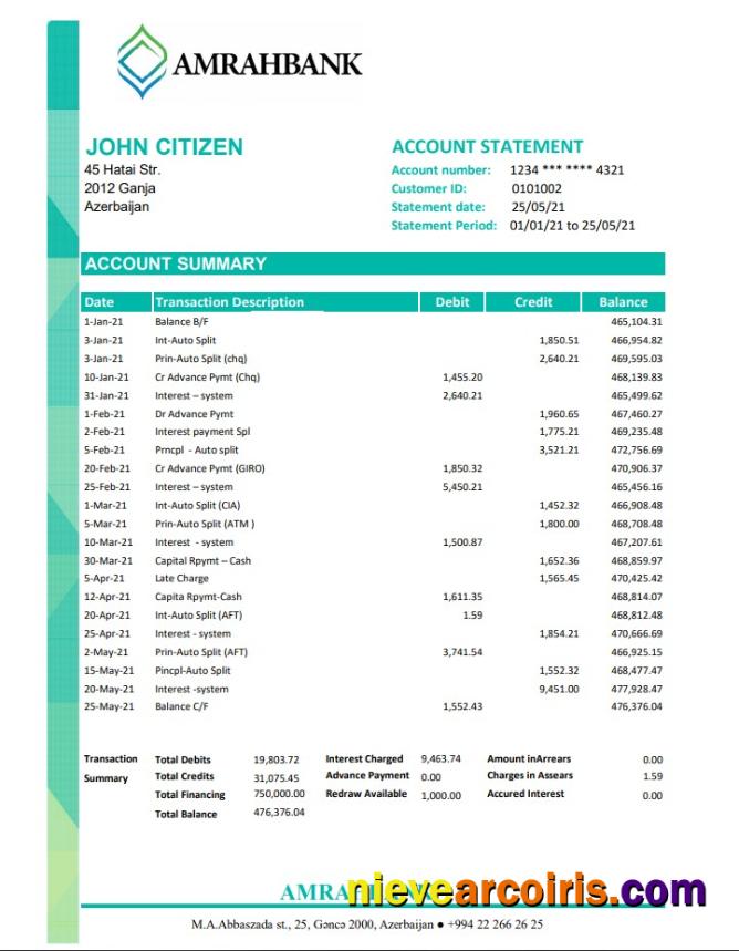 Realistic Azerbaijan Amrahbank Bank Statement Easy To Fill Template In Excel And PDF Format