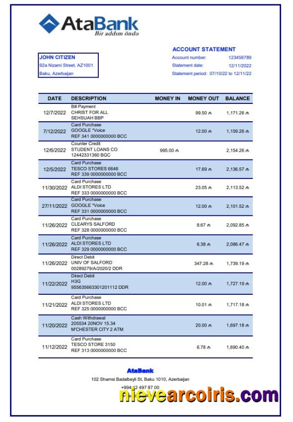 Azerbaijan AtaBank Bank Statement Preview