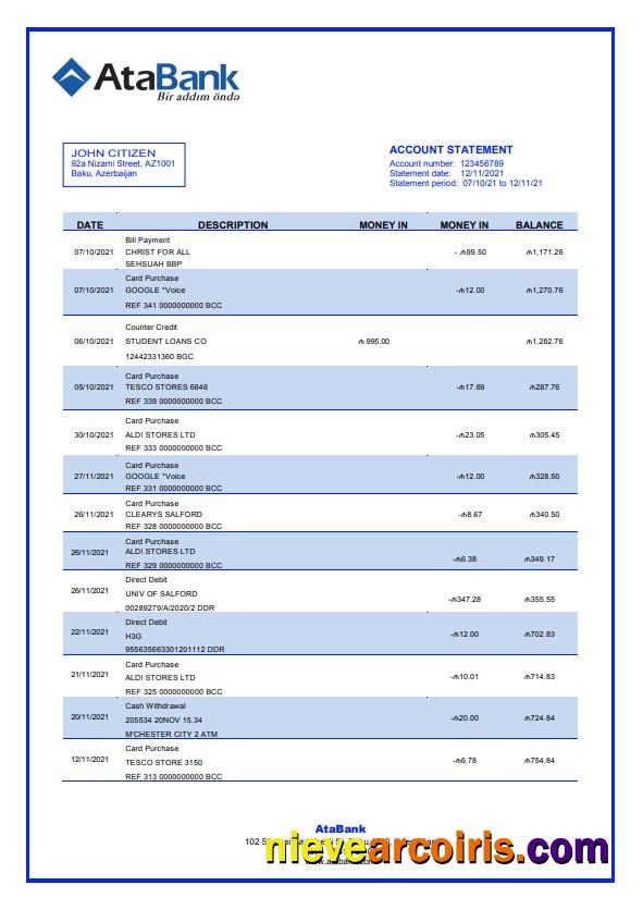 Premium Azerbaijan Atabank Bank Statement Template In Word And PDF Format