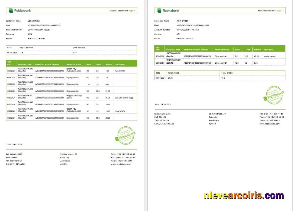 Premium Azerbaijan Rabitabank Bank Statement Word And PDF Template 2 Pages
