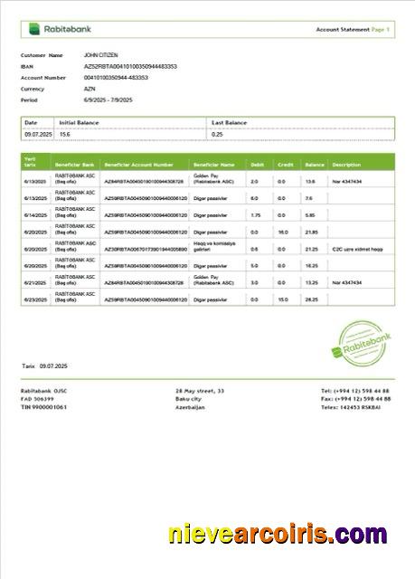 Professional Azerbaijan Rabitəbank Account Statement Word And PDF Template