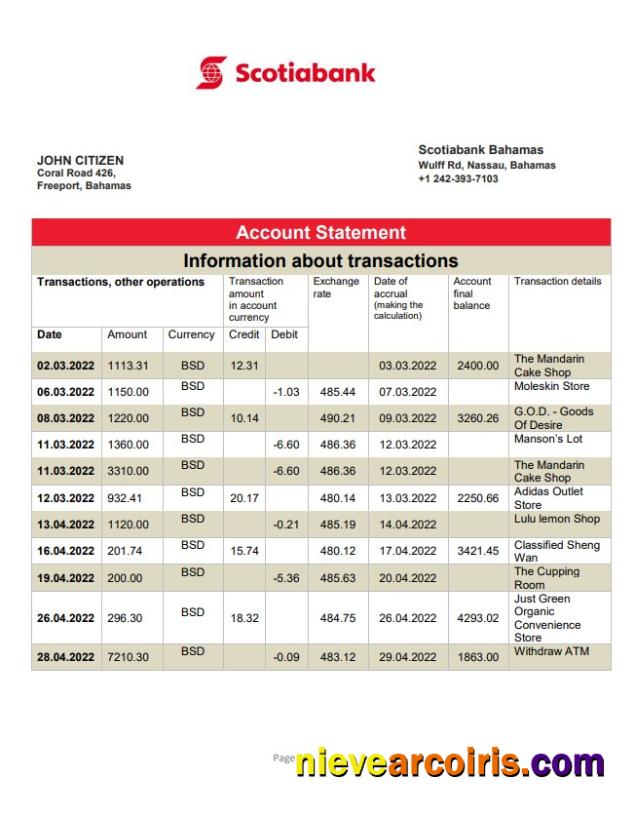 Bahamas Scotiabank Bank Statement Sample
