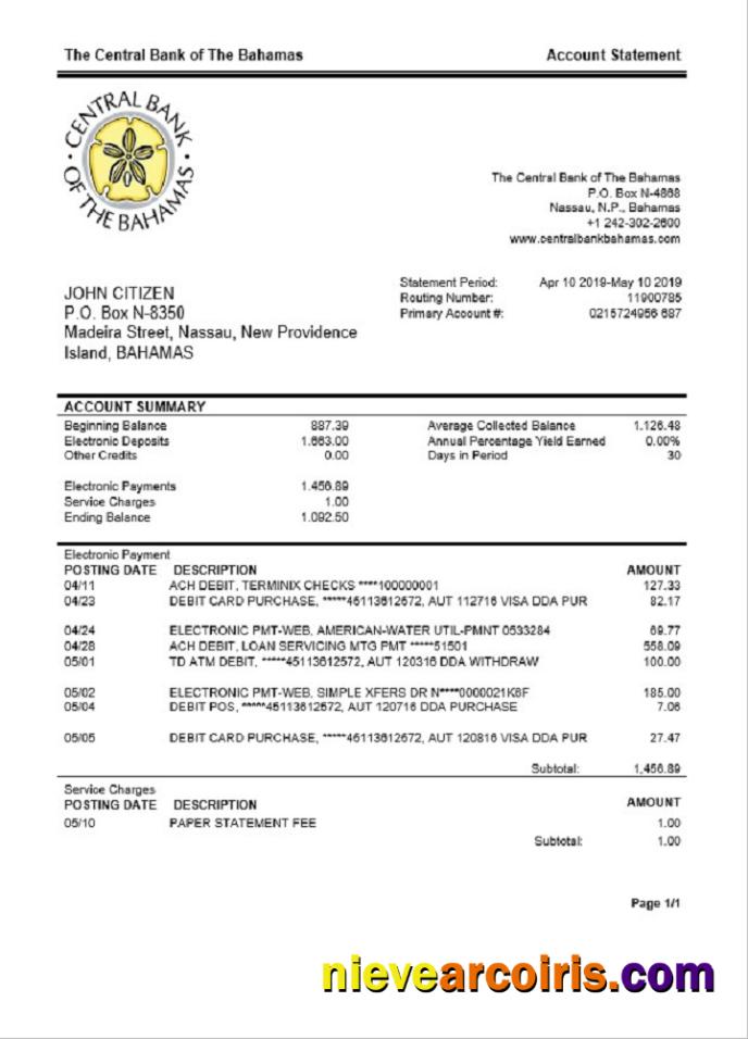 Bahamas The Central Bank Of The Bahamas Bank Statement Sample