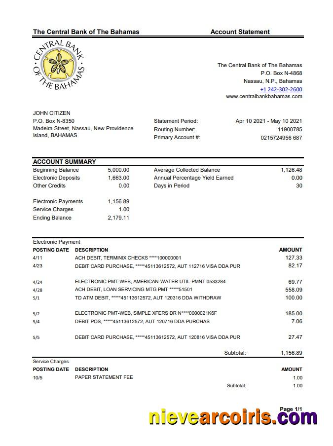 Professional Bahamas The Central Bank Of The Bahamas Bank Statement Easy To Fill Template In .xls And .pdf File Format
