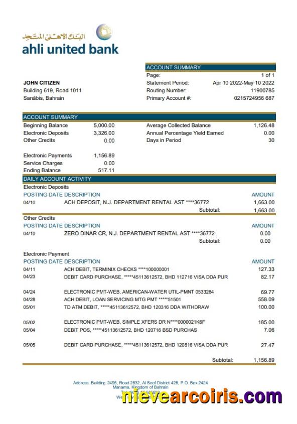 Bahrain Ahli United Bank Statement Preview