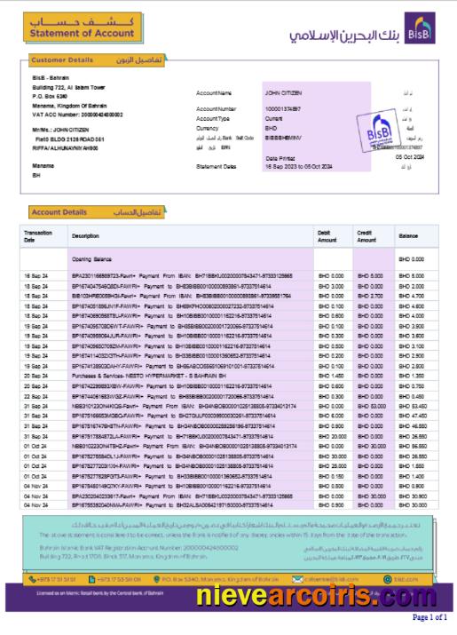 Professional Bahrain BISB Bank Statement Word And PDF Template