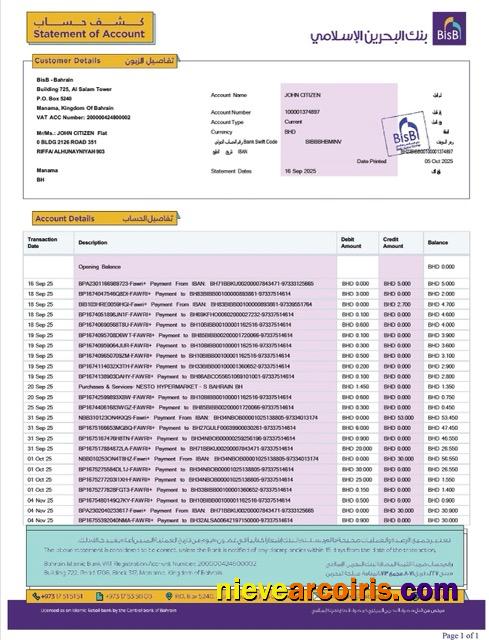 Realistic Bahrain Islamic Bank Statement Of Account Word And PDF Template