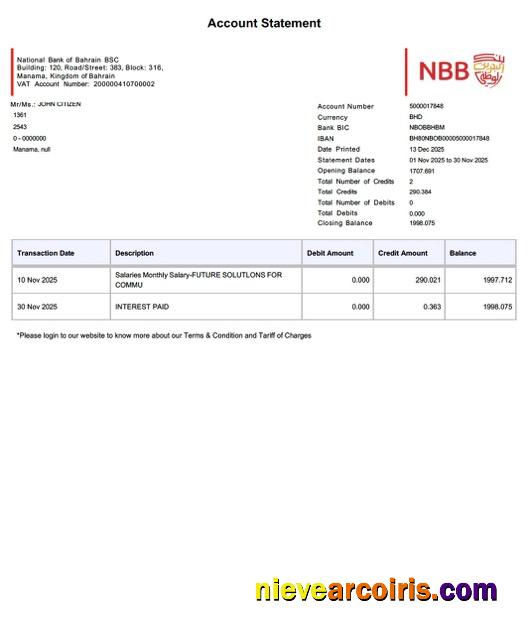 Editable Bahrain National Bank Of Bahrain Account Statement Word And PDF Template