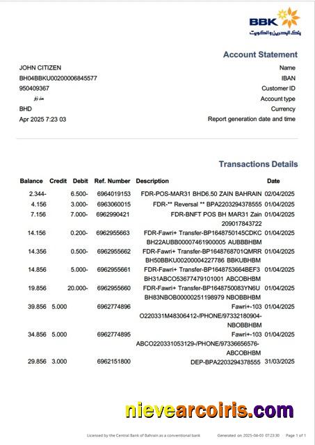 Realistic Bahrain Bank Of Bahrain And Kuwait (BBT) Account Statement Word And PDF Template