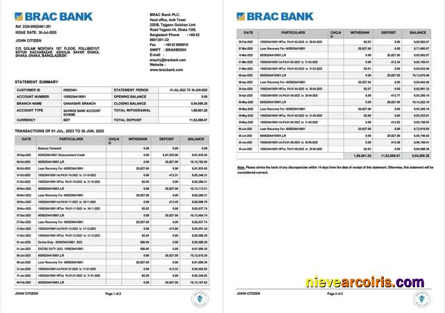 Bangladesh BRAC Bank Account Statement Word And PDF, 2 Pages Photolook