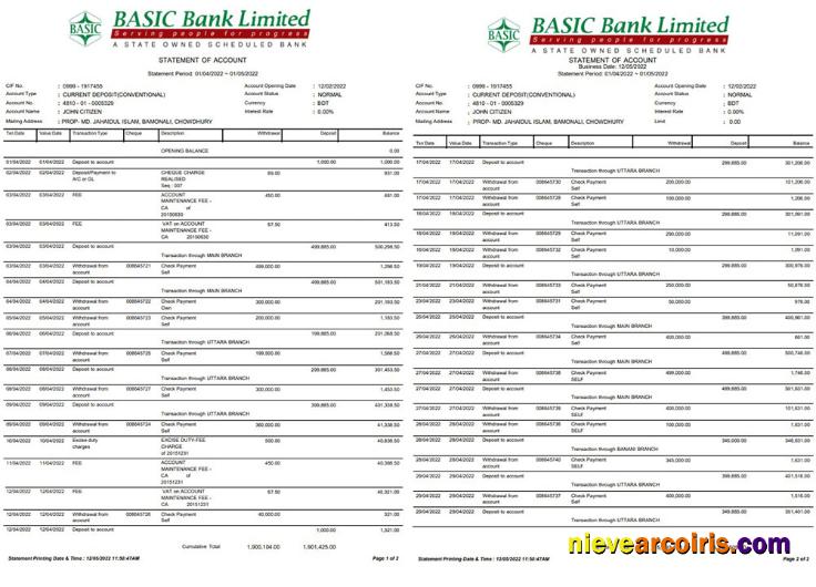 Professional Bangladesh Basic Bank Statement Word And PDF Template, 2 Pages