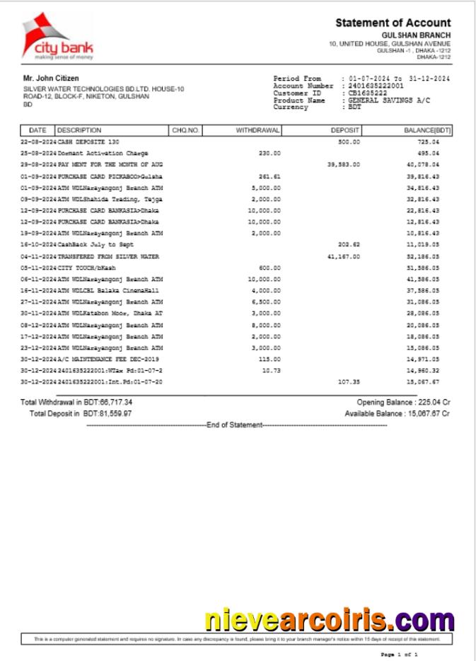 Bangladesh City Bank Statement Word And PDF Example Sample