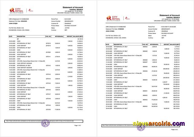 Realistic Bangladesh City Bank Statement Of Account Word And PDF Template, 2 Pages