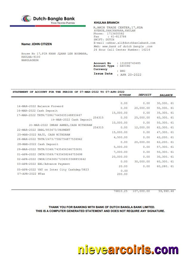 Bangladesh Dutch Bangla Bank Statement Photolook
