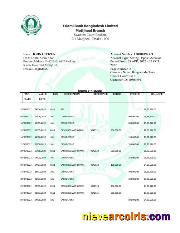 Premium Bangladesh Islami Bank Limited Statement Word And PDF Template, 2 Pages