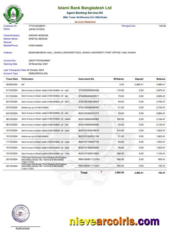 Bangladesh Islami Bank Statement Word And PDF Example Template