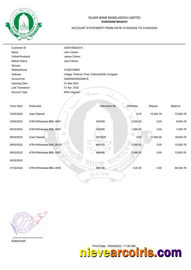 Bangladesh Islami Bank Statement Template